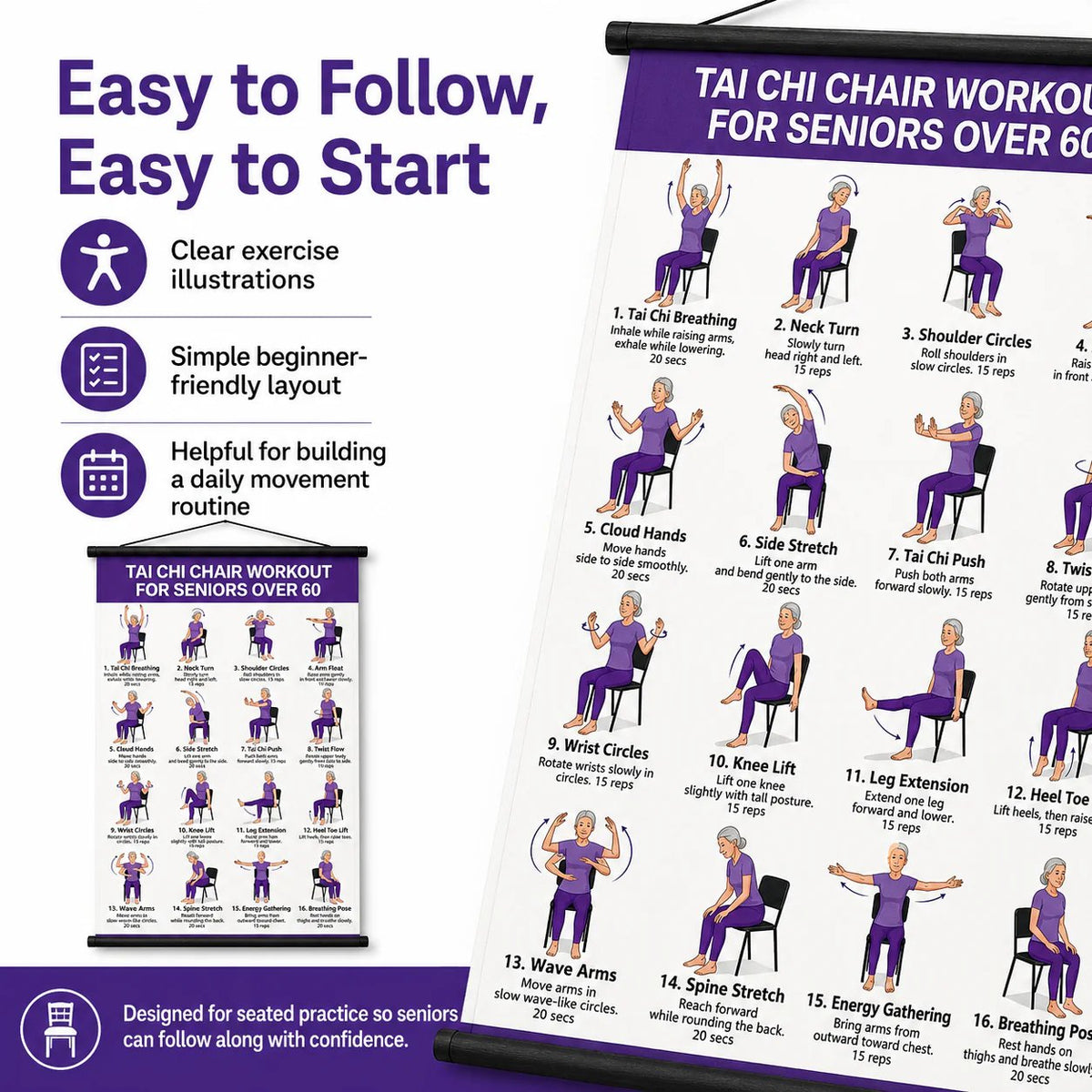 Tai chi chair workout chart for seniors (16 x 24 inches)-Seated & Standing Exercises
