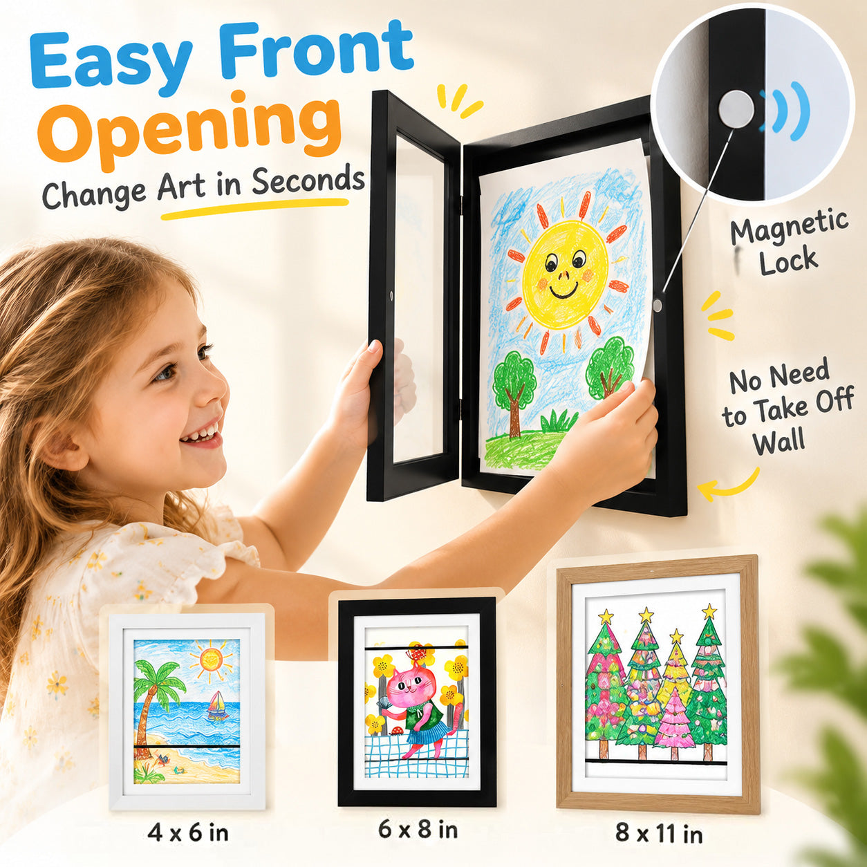 Front opening kids art frame with magnetic closure