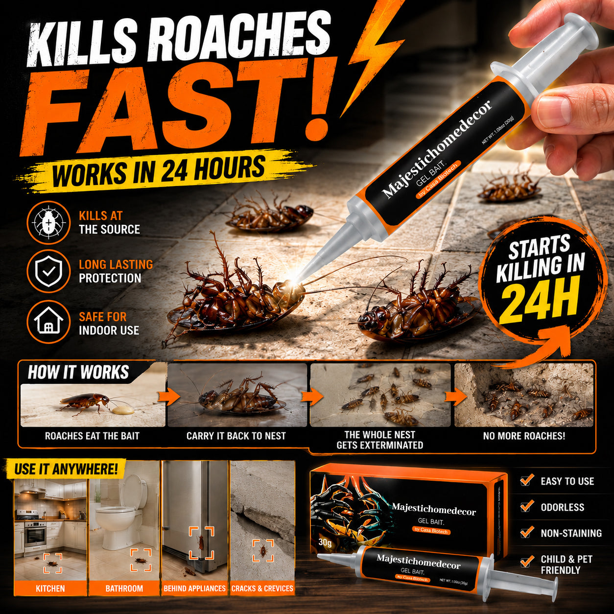 Fast-Acting Cockroach Gel Bait for Kitchens & Bathrooms