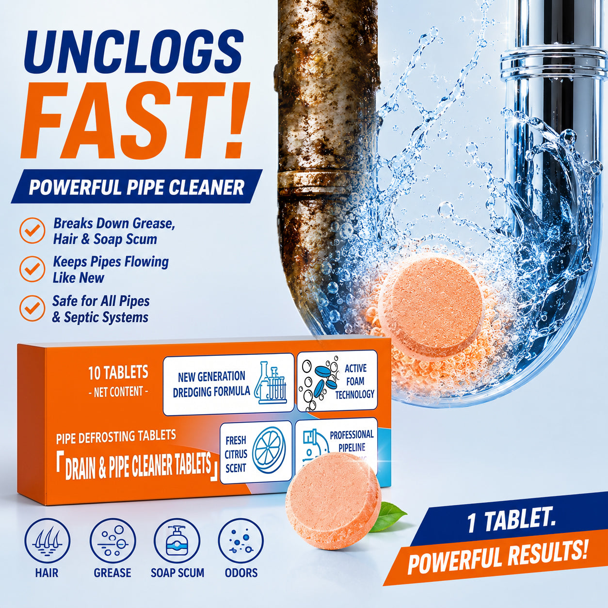 💥Foaming Drain Cleaner Tablets — Active Oxygen, Non-Toxic | Unclogs & Freshens Every Drain in Your Home