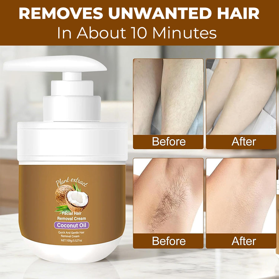 🌿Gentle Coconut Oil Hair Removal Cream — No Razor. No Wax. No Pain.