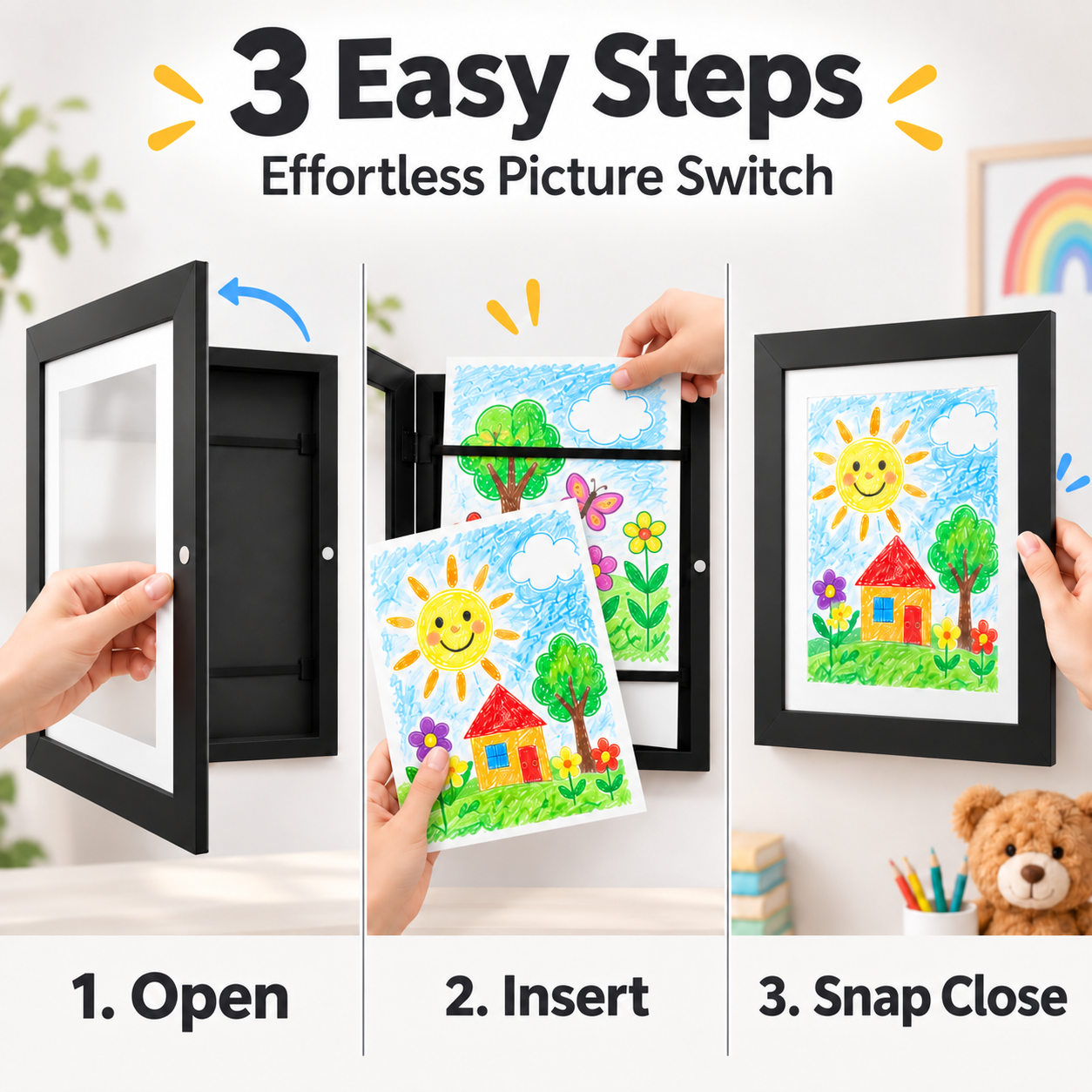 Three steps showing how to open insert artwork and close the kids art frame
