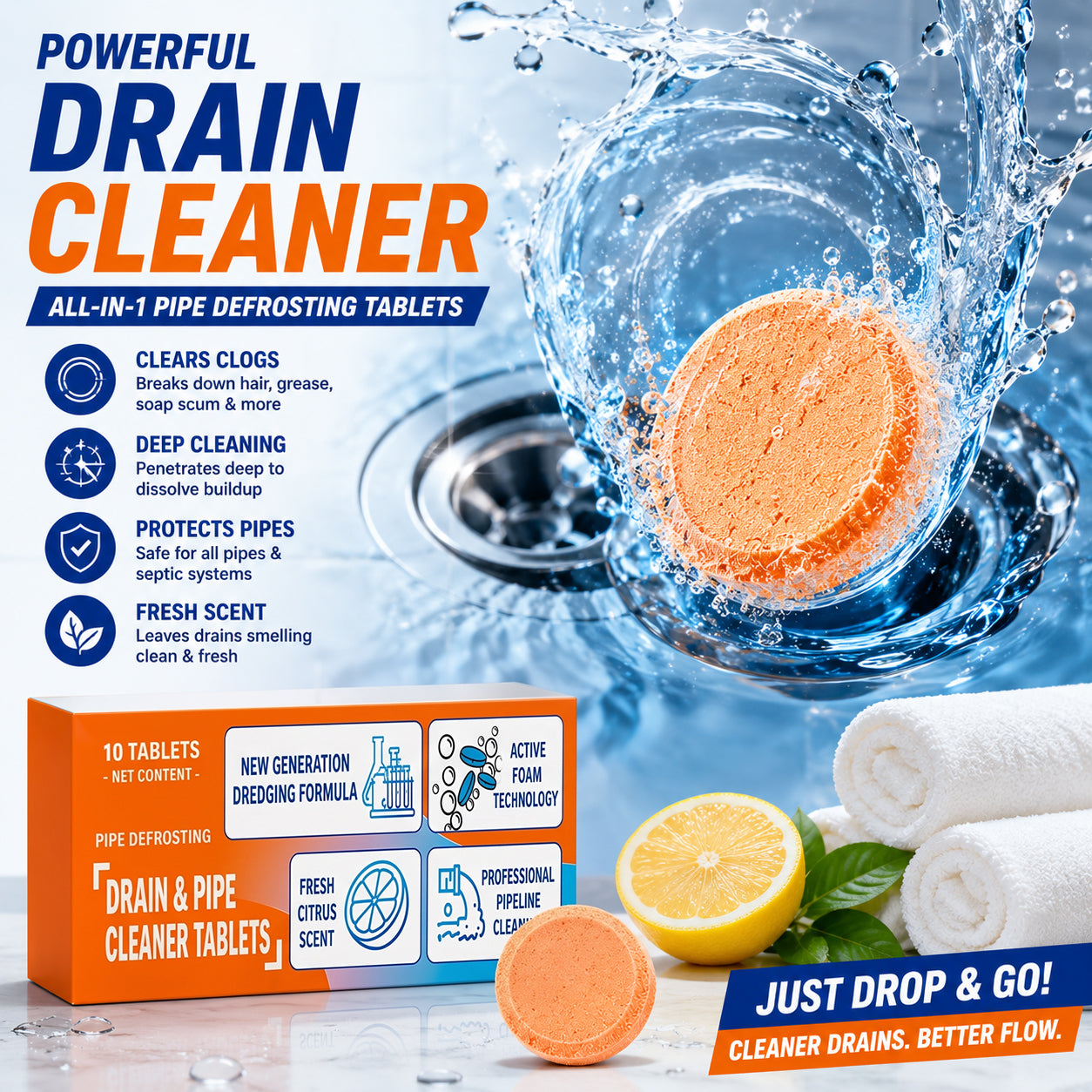 💥Foaming Drain Cleaner Tablets — Active Oxygen, Non-Toxic | Unclogs & Freshens Every Drain in Your Home