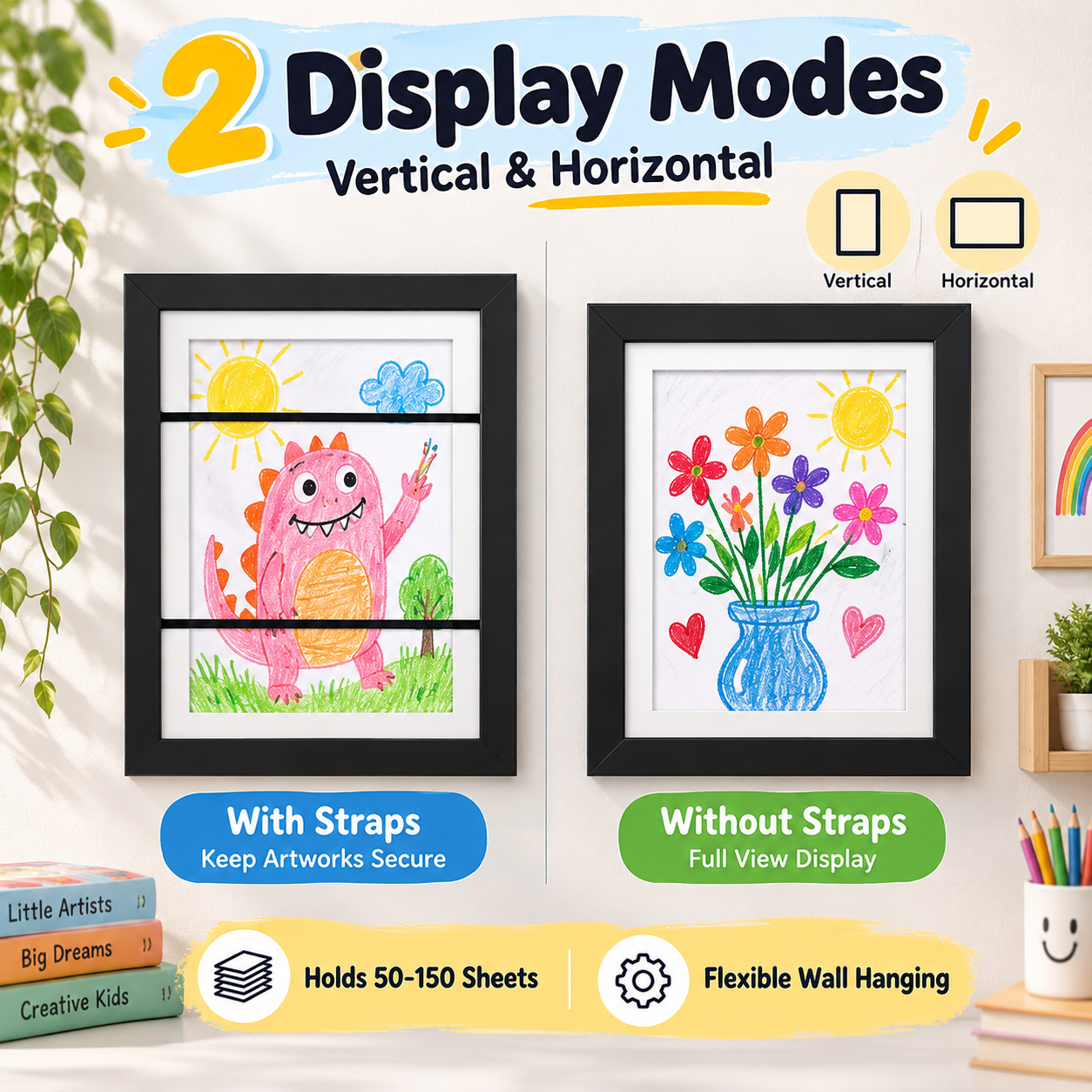 Kids artwork frames displayed vertically and horizontally