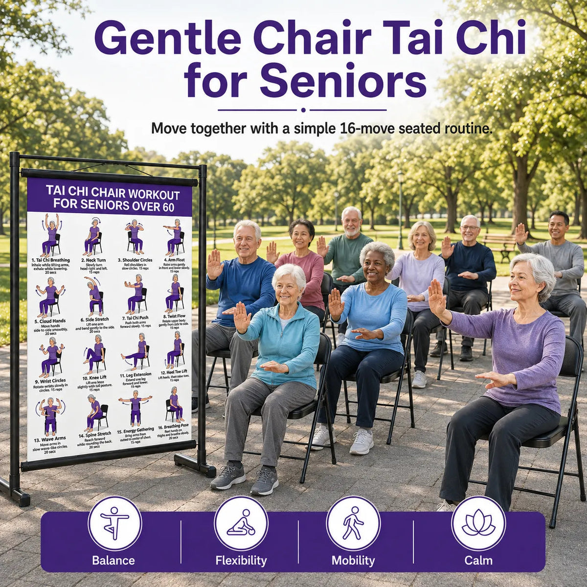 Tai chi chair workout chart for seniors (16 x 24 inches)-Seated & Standing Exercises
